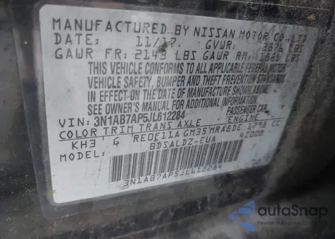 2018 Nissan Sentra Sv из США, поврежденный, VIN 3N1AB7AP5JL612284